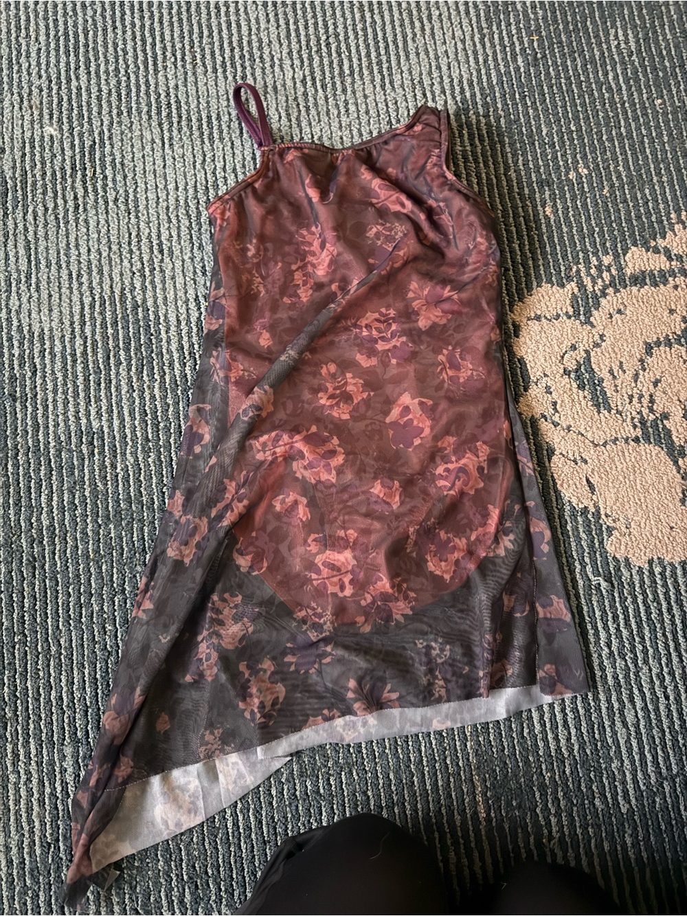 Weissman Asymmetrical Burgundy Floral Mesh Slip Dress